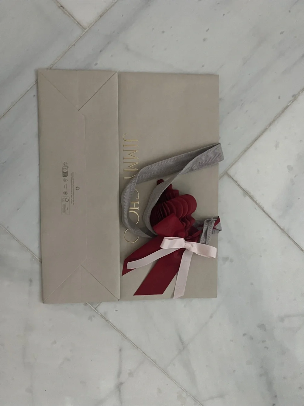 Jimmy Choo Taupe Gift Folder with Red Flower and Pink Bow - Picture 2 of 7